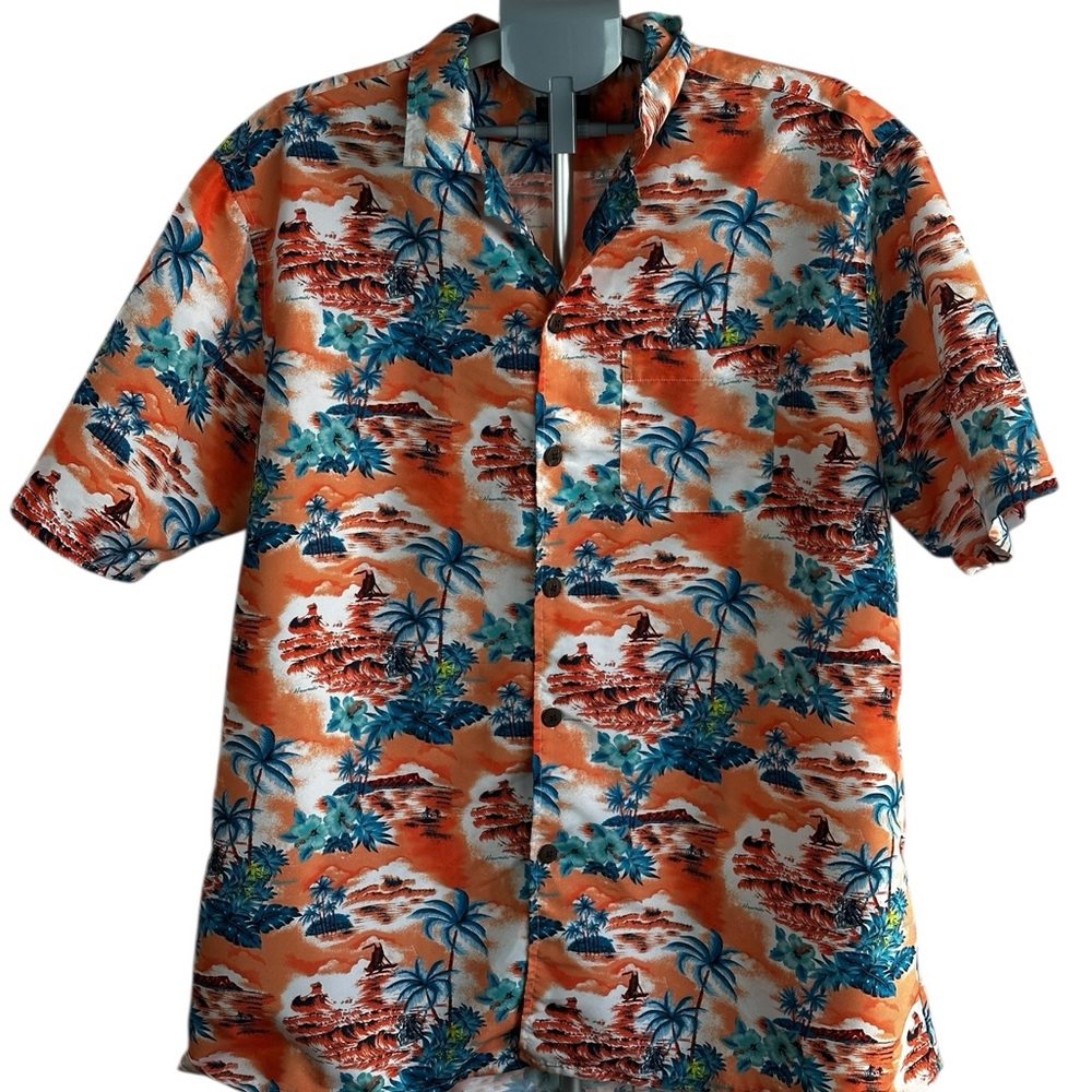 Tropical Storm Hawaiian Shirt Men’s XXL Orange Blue Island Print Aloha Button Up
